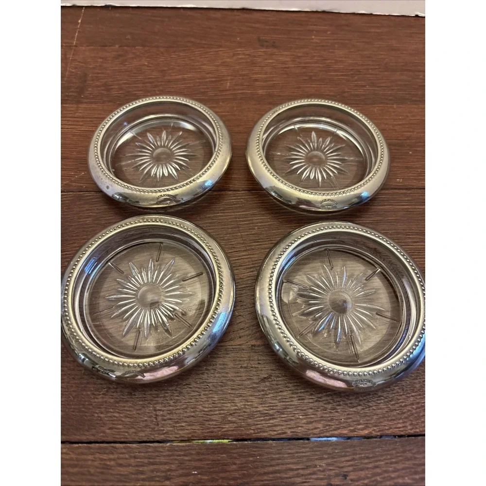 Set of‎ 4 Vtg W&S Blackington Silverplate Rimmed Over Glass Starburst Coasters